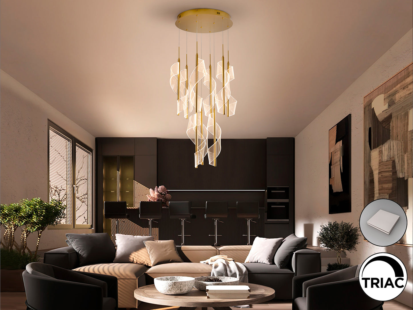 Lámpara de techo VELAS oro mate de Schuller en salón moderno, diseño de lujo con aluminio y metacrilato, regulable (351492).