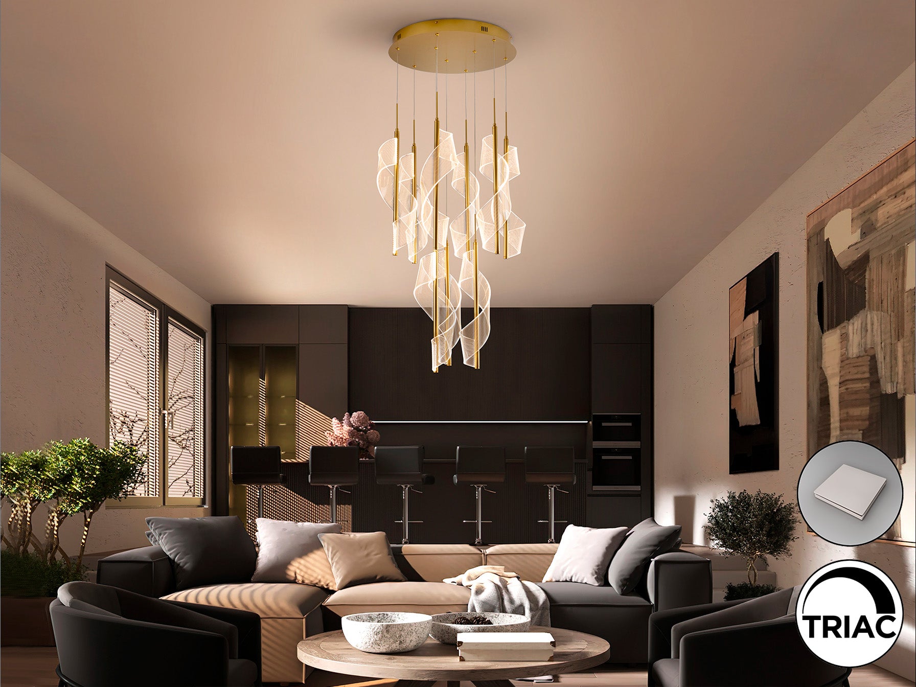 Lámpara de techo VELAS oro mate de Schuller en salón moderno, diseño de lujo con aluminio y metacrilato, regulable (351492).