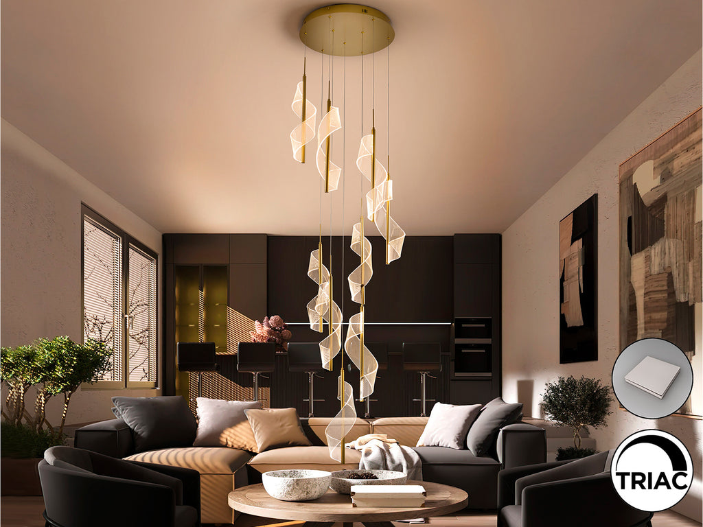 Lámpara de techo VELAS oro mate de Schuller en salón moderno: diseño de lujo con aluminio y metacrilato, regulable (351492)