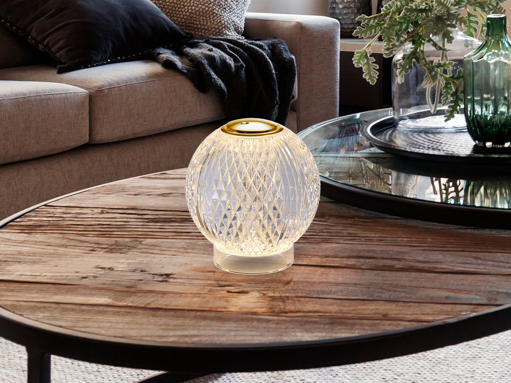 Lámpara de sobremesa Austral 1L oro transparente Schuller, diseño moderno con LED, recargable, ideal para salón. Colección Glam.