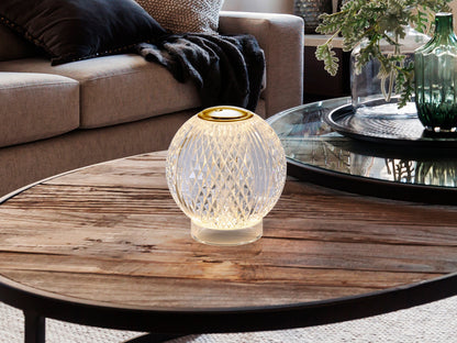 Lámpara de sobremesa Austral 1L oro transparente Schuller, diseño moderno con LED, recargable, ideal para salón. Colección Glam.