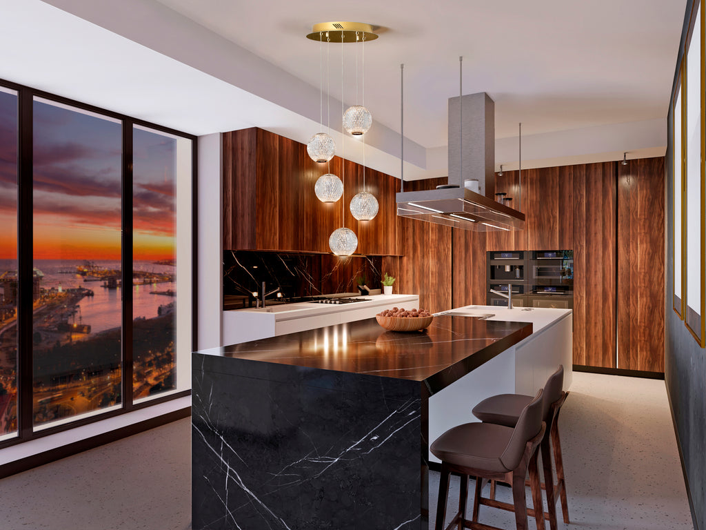 Lámpara de techo Austral 5 luces oro de Schuller (354196) con LED, diseño moderno y metal dorado, ideal para salón comedor. Colección Austral con detalles en acrílico óptico.