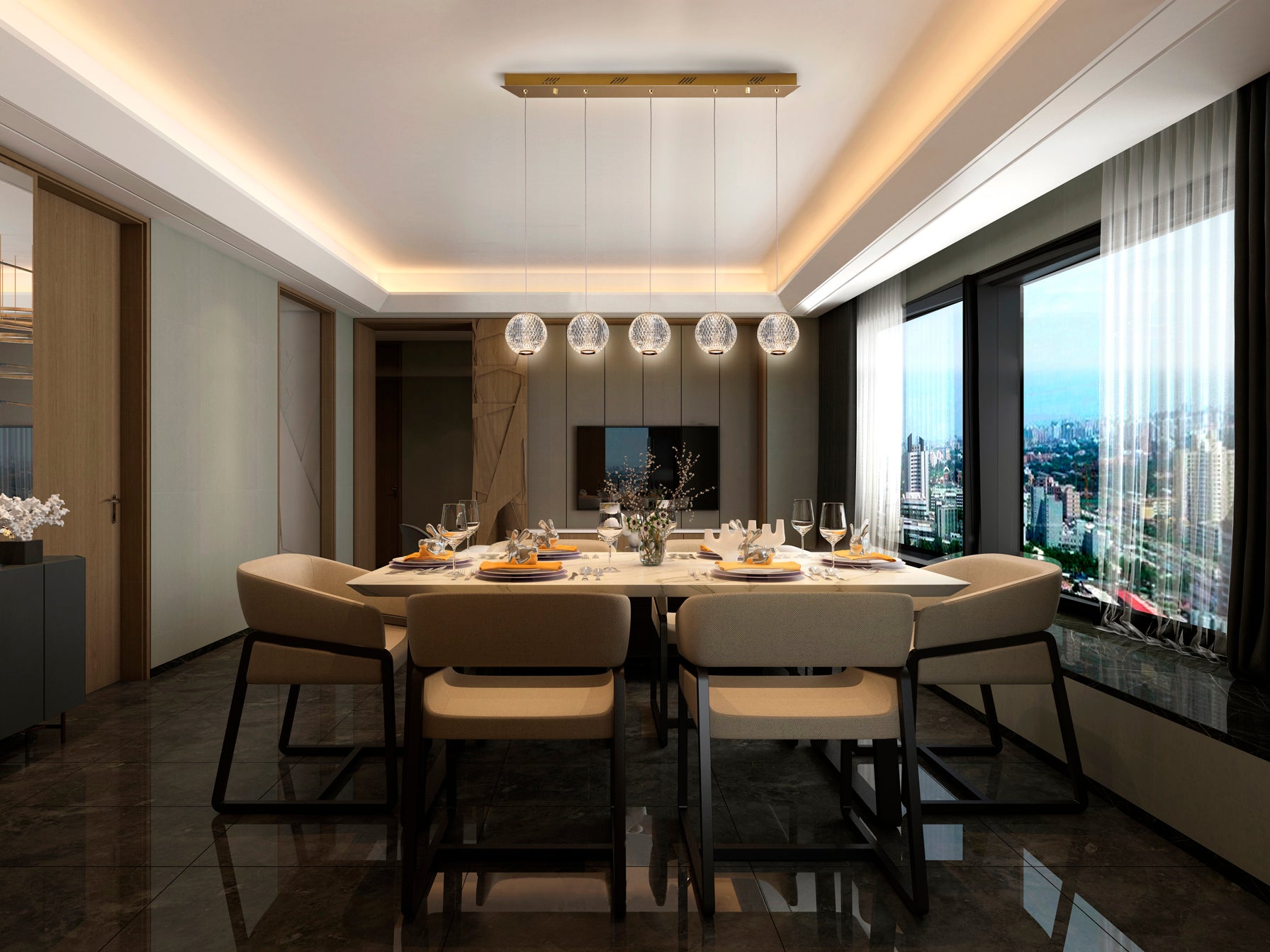 Lámpara de techo Austral oro de Schuller (354264) de 5 luces con detalles en acrílico transparente, ideal para comedor o salón moderno y glamuroso. Iluminación LED de lujo en acabado dorado.