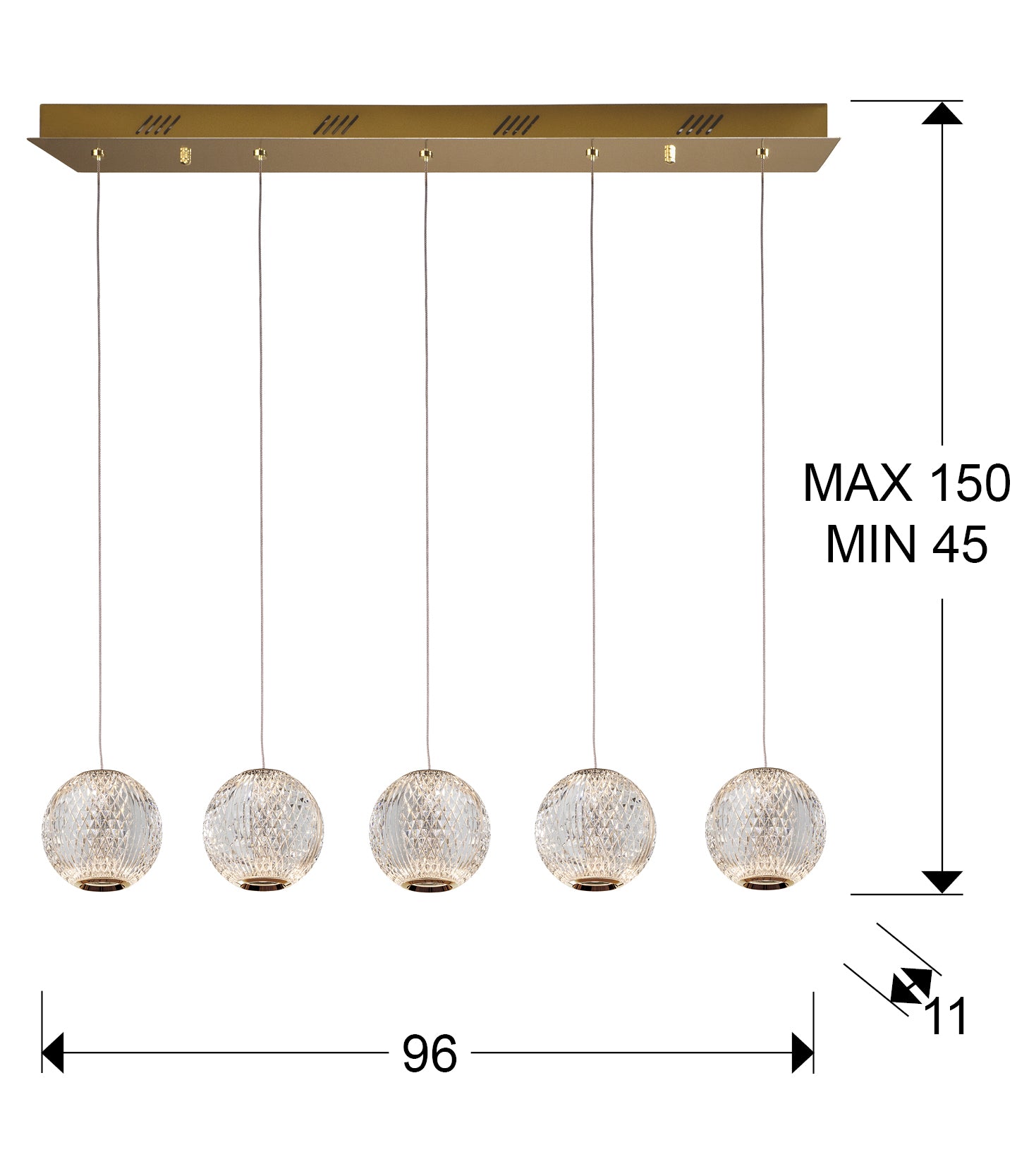 Medidas de Lámpara de techo Austral oro de Schuller (354264) con 5 luces LED, diseño moderno y elegante para comedor o salón. Acabado en metal oro, acrílico transparente. Estilo contemporáneo y glamuroso.