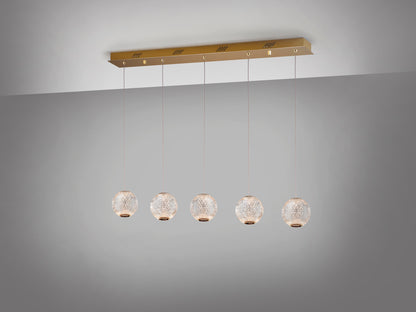 Lámpara de techo AUSTRAL oro de 5 luces para comedor o salón, diseño moderno y elegante con detalles en acrílico y metal dorado de la marca Schuller. Iluminación LED, ideal para ambientes contemporáneos y de lujo. Modelo 354264.