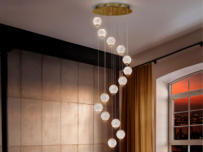 Lámpara de techo Austral 14L LED oro de Schuller (354318) en salón moderno: diseño contemporáneo con detalles acrílicos y metal dorados, ideal para comedor y espacios de lujo. Iluminación LED regulable en altura, estilo glam.