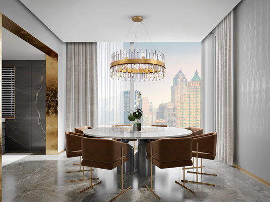 Lámpara de techo Grace 18L oro Schuller en comedor contemporáneo, diseño de lujo con cristal, ideal para salón.