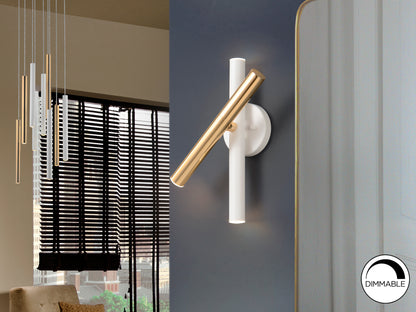 ```
Aplique Varas Oro/Blanco Schuller moderno con LED integrado y luz dimmable. Ideal para salón, diseño con varas en acabado oro y blanco. Lámpara de pared elegante, modelo 373869.
```