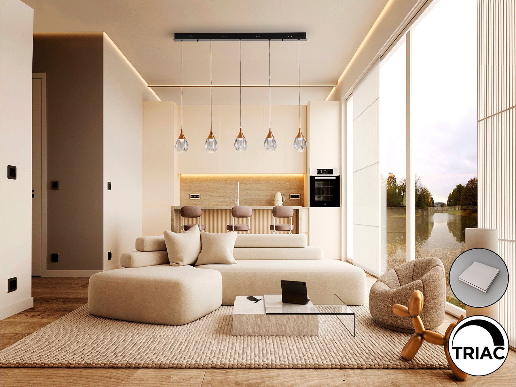 Lámpara de techo Corina 5L negro cobre de Schuller en salón moderno con estilo industrial, regulable y con tecnología LED.