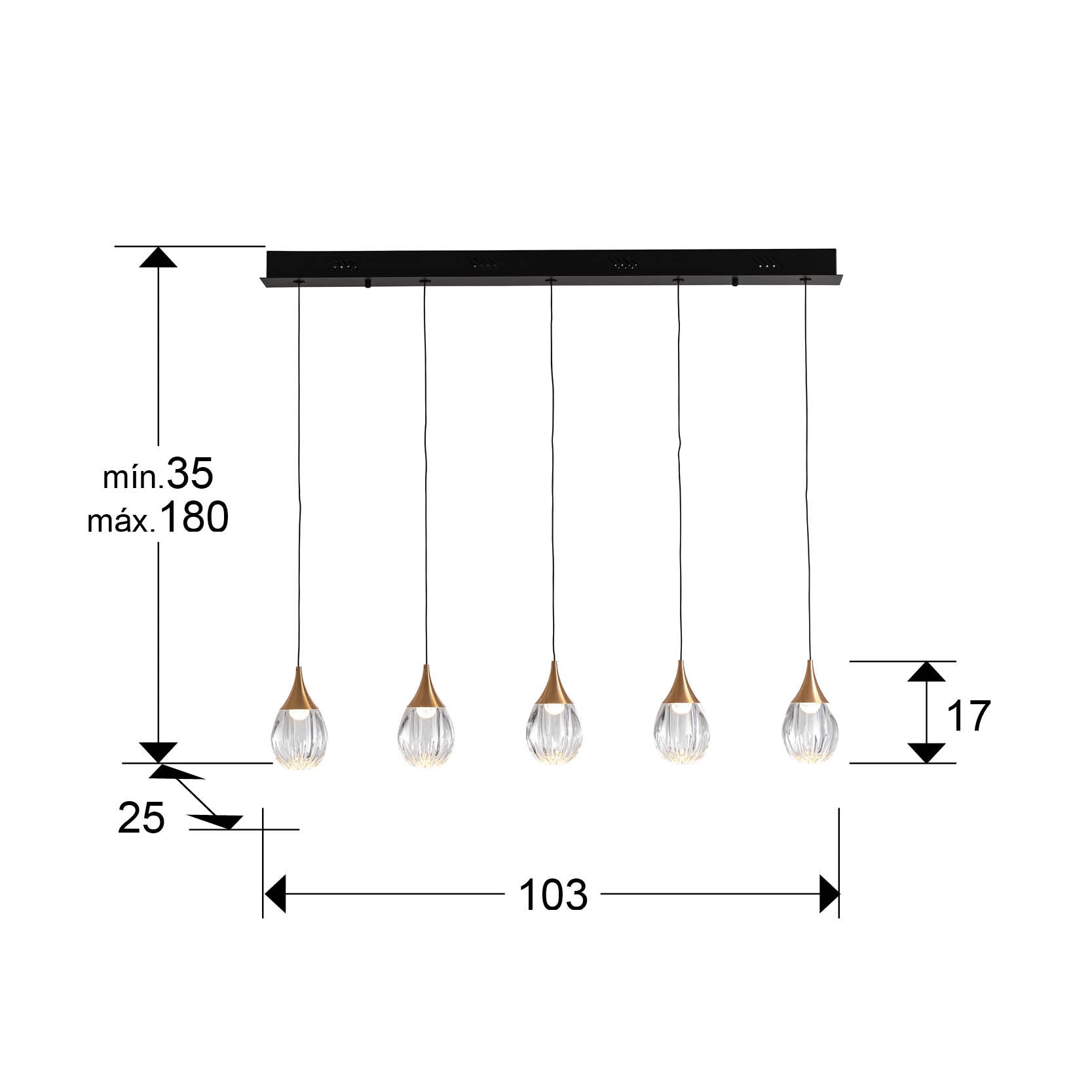 Lámpara de techo Corina 5L negro y cobre de Schuller, estilo industrial y moderno, con tecnología LED regulable, ideal para salón. Fabricada en metal. Modelo 403726.