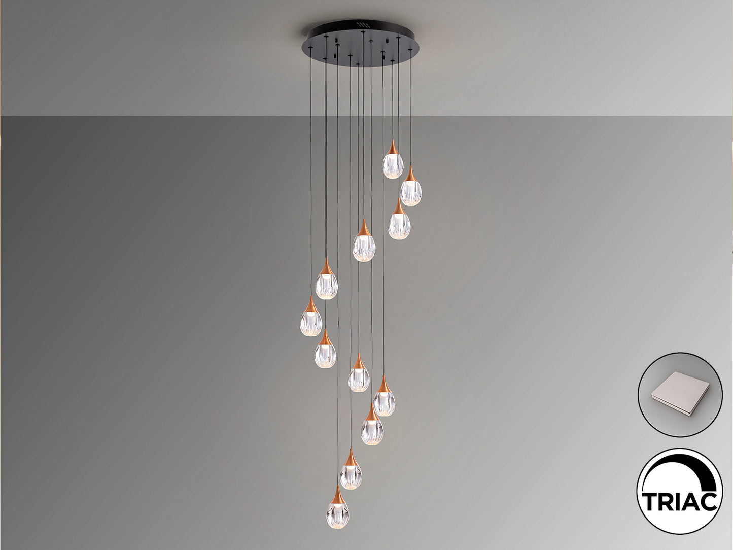 Lámpara de techo Corina negro-cobre de Schuller, diseño moderno con LED dimable, ideal para comedor y salón. Acabado en metal y acrílico transparente, estilo industrial-chic.