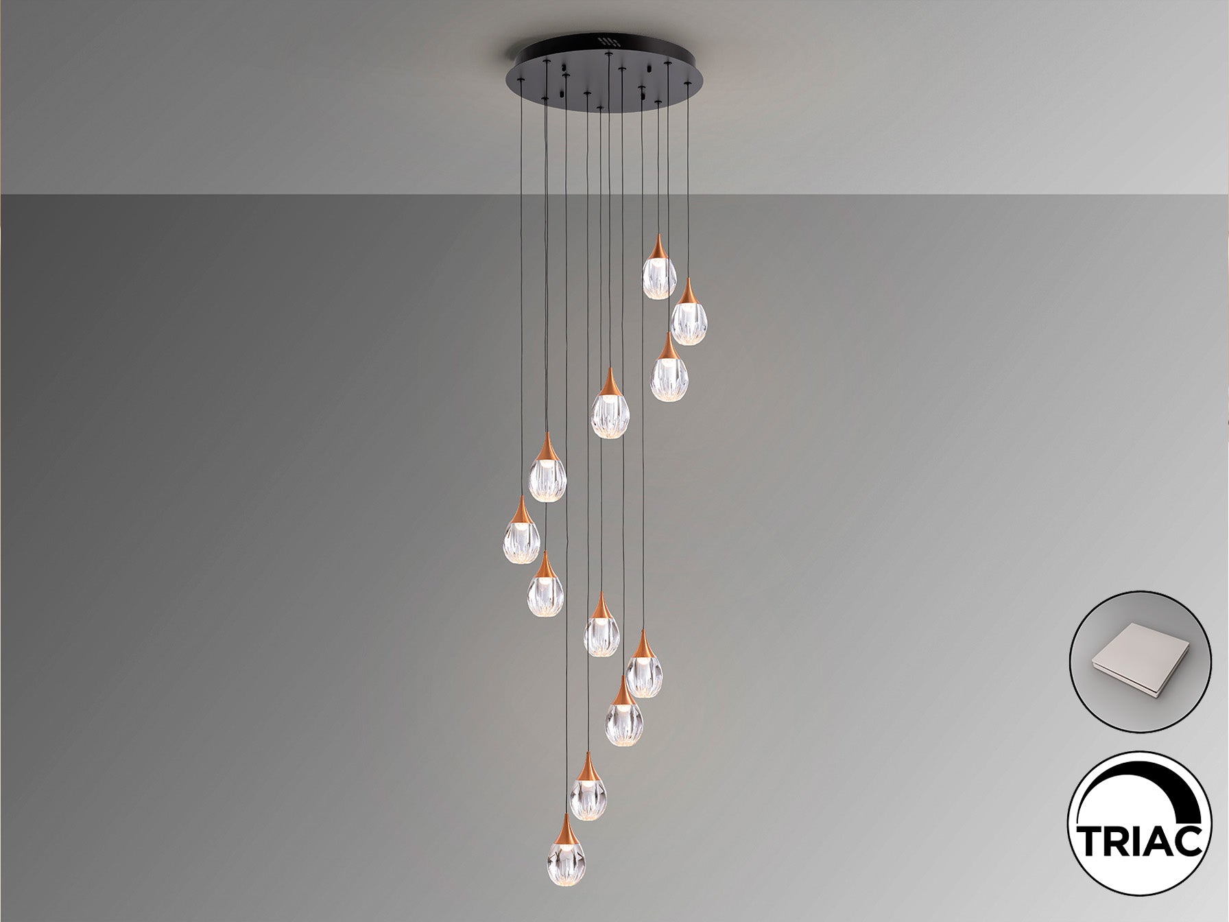 Lámpara de techo Corina negro-cobre de Schuller, diseño moderno con LED dimable, ideal para comedor y salón. Acabado en metal y acrílico transparente, estilo industrial-chic.