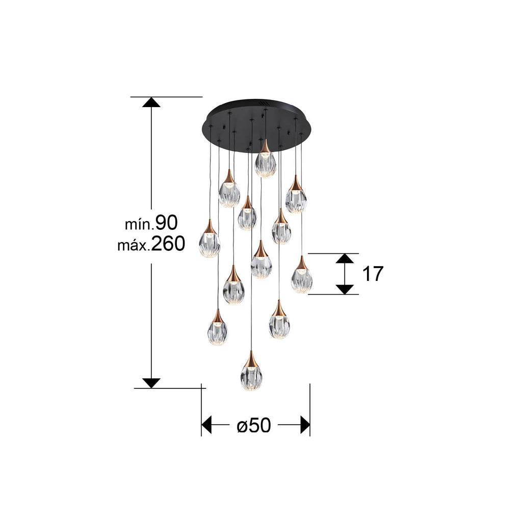 Lámpara de techo Corina negro-cobre de Schuller colgando sobre comedor, diseño moderno industrial-chic con detalles en cobre, LED dimable y pantalla acrílica transparente.