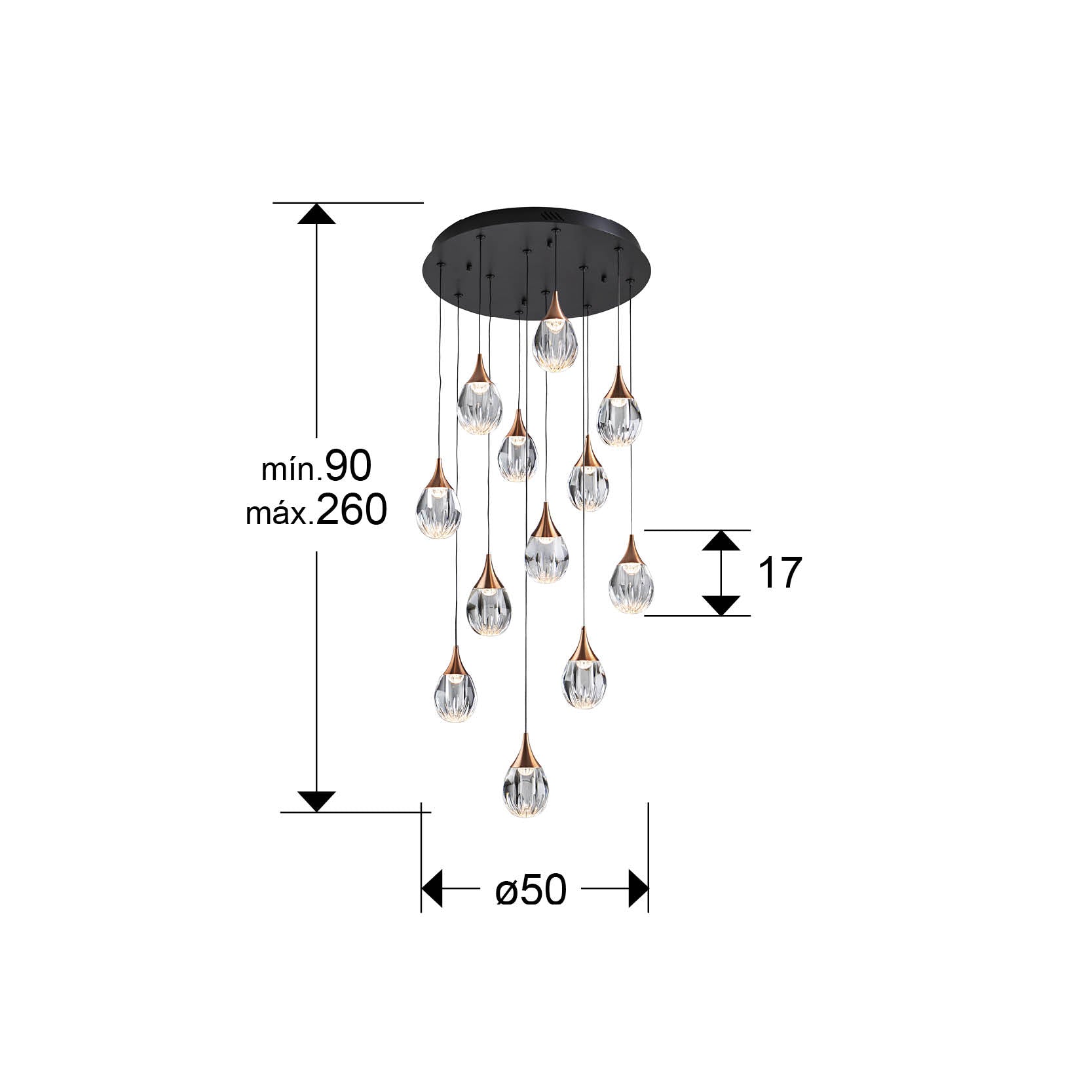 Lámpara de techo Corina negro-cobre de Schuller colgando sobre comedor, diseño moderno industrial-chic con detalles en cobre, LED dimable y pantalla acrílica transparente.