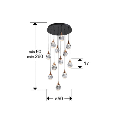 Lámpara de techo Corina negro-cobre de Schuller colgando sobre comedor, diseño moderno industrial-chic con detalles en cobre, LED dimable y pantalla acrílica transparente.
