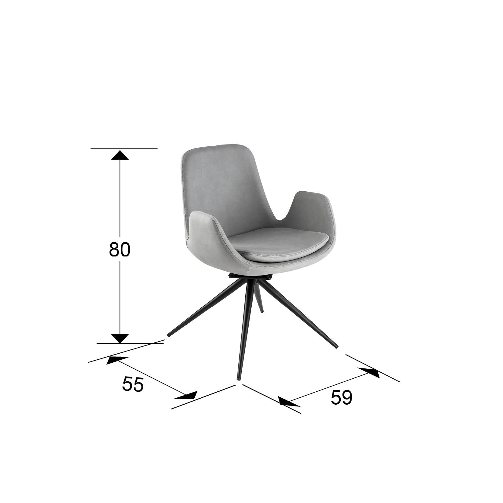 Medidas de Silla giratoria Zuna gris claro Schuller: silla de oficina moderna con estructura de metal negro mate y tapizado textil, ideal para comedor.