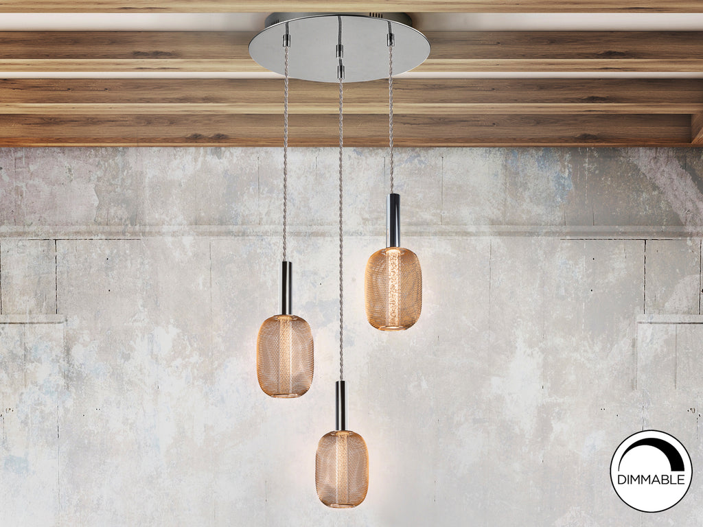 Lámpara de techo Micrón 3 luces cromo oro con tecnología LED, regulable y diseño moderno para comedor o salón. Fabricada por Schuller (413626).