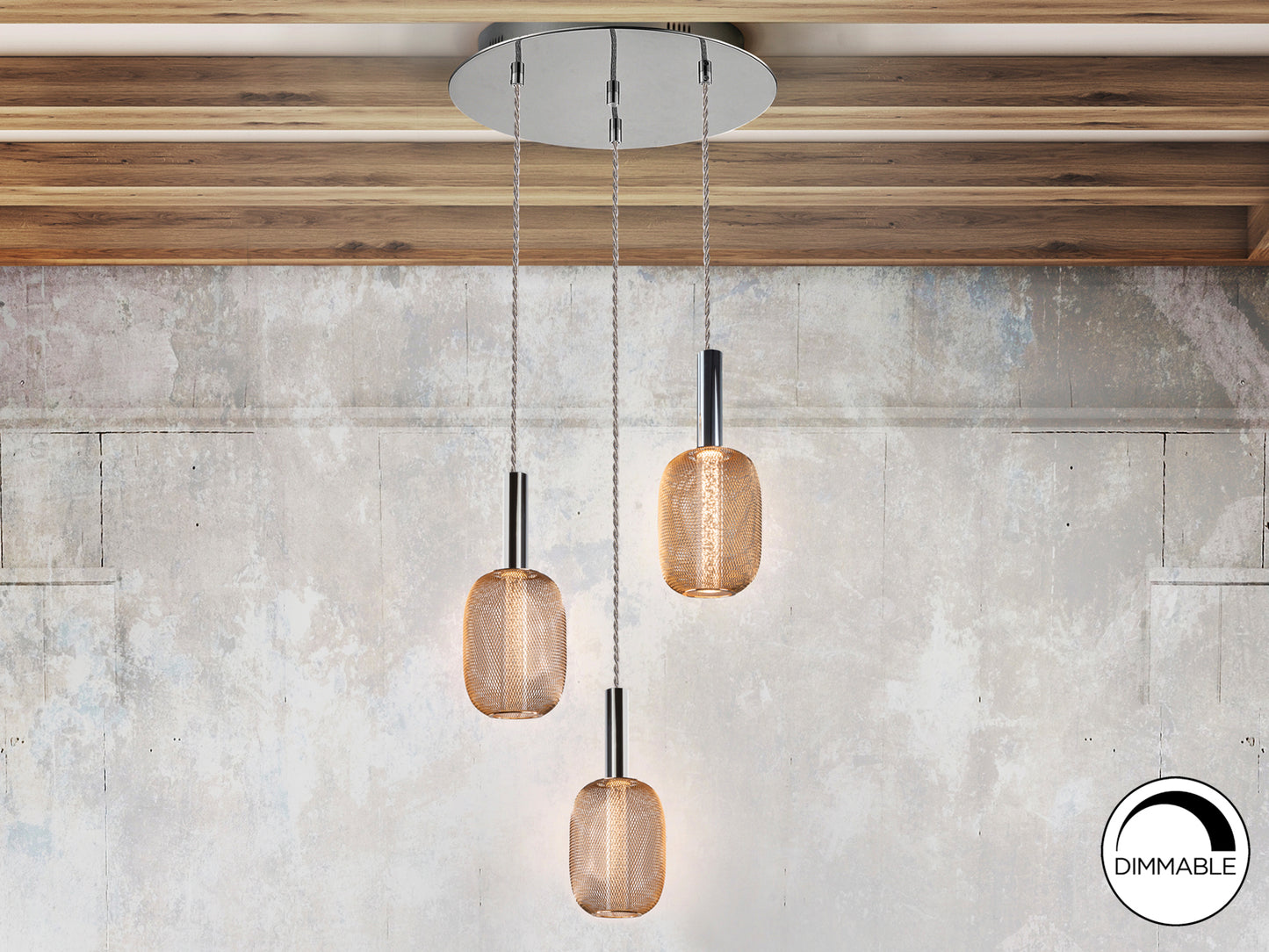 Lámpara de techo Micrón 3 luces cromo oro con tecnología LED, regulable y diseño moderno para comedor o salón. Fabricada por Schuller (413626).