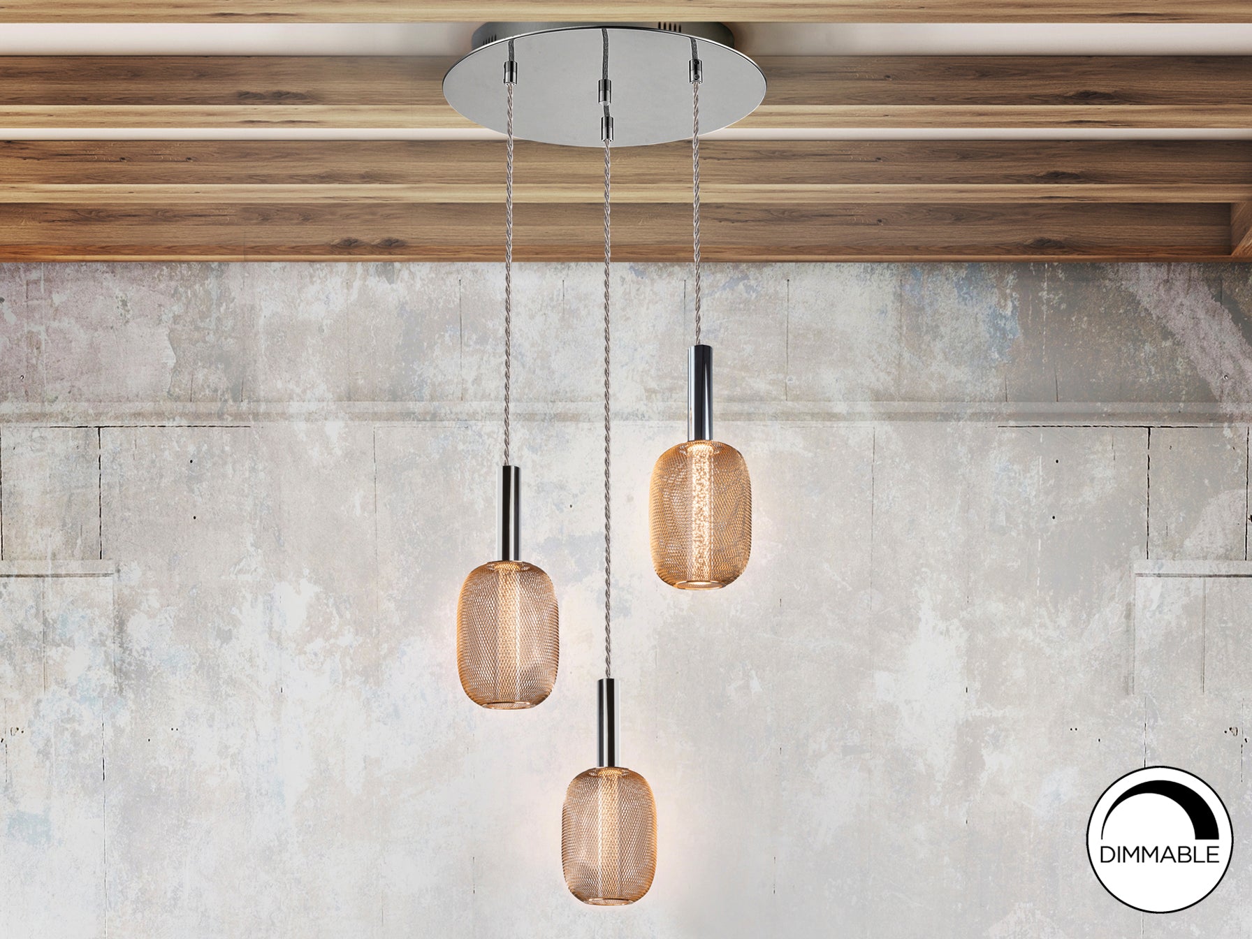 Lámpara de techo Micrón 3 luces cromo oro con tecnología LED, regulable y diseño moderno para comedor o salón. Fabricada por Schuller (413626).