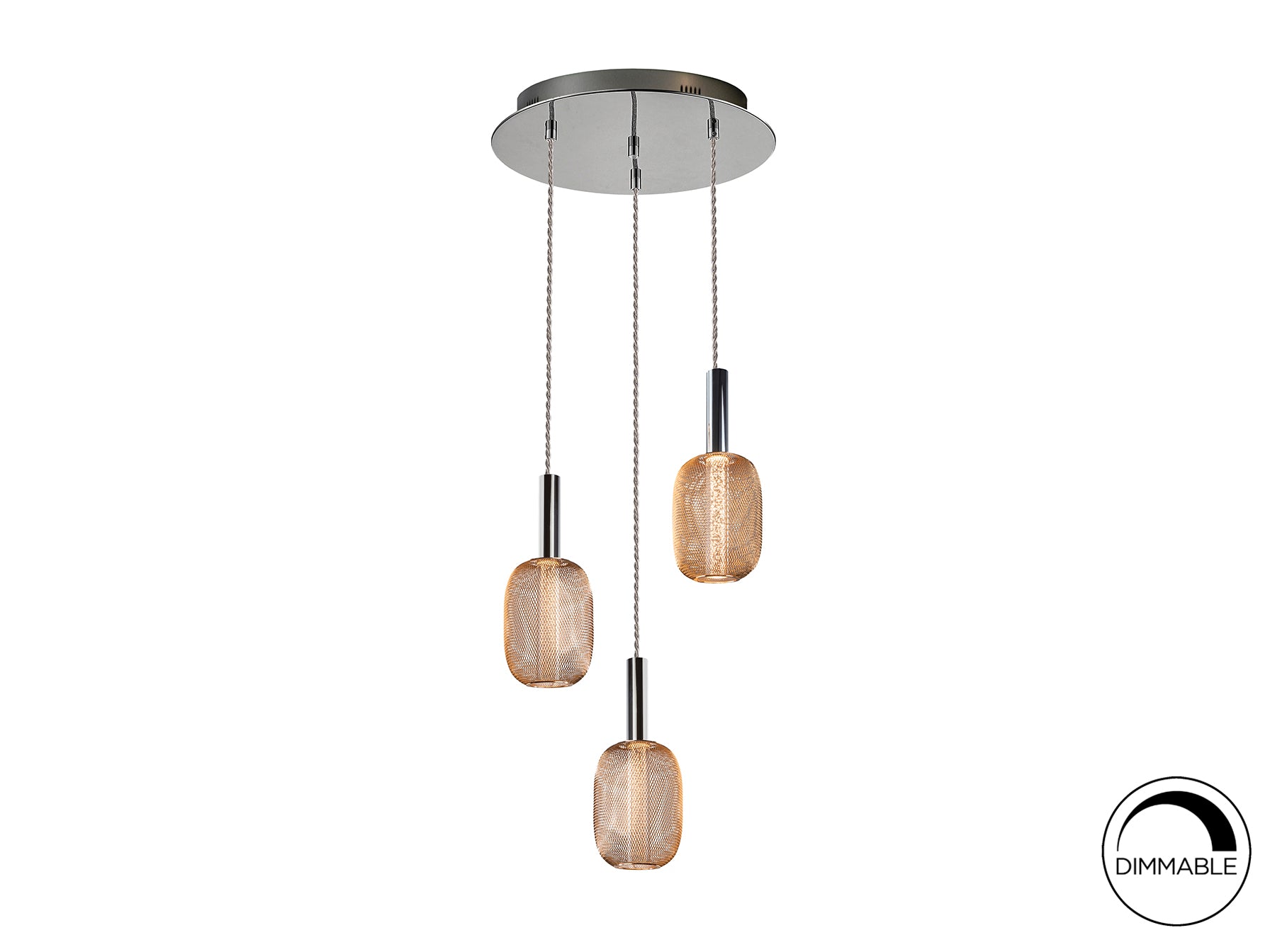 Lámpara de techo Micrón 3 luces cromo oro con tecnología LED y diseño moderno regulable, ideal para comedor o salón. Marca Schuller.