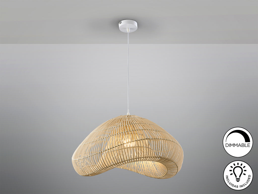 Lámpara colgante Sabah blanco y ratán natural de estilo bohemio y nórdico, ideal para comedor o salón. Marca Schuller.