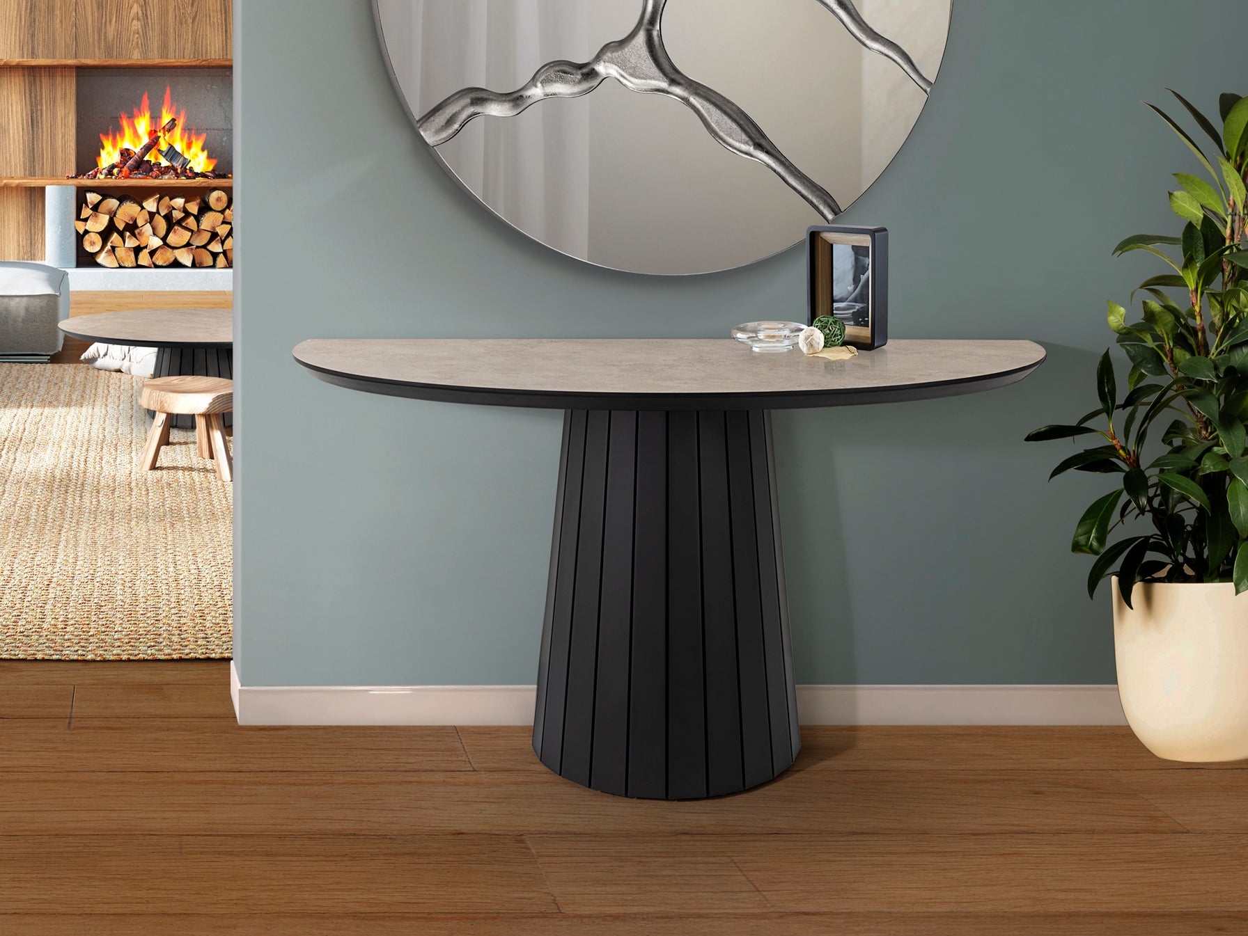 Consola Koria negro mate y piedra de estilo industrial y moderno. Fabricada en MDF y melamina por Schuller. Ideal para recibidor o salón.