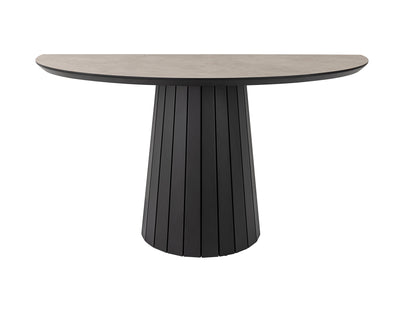 Consola Koria negro mate con sobre de piedra, diseño industrial moderno para recibidor o salón. Fabricada en MDF y melamina por Schuller.