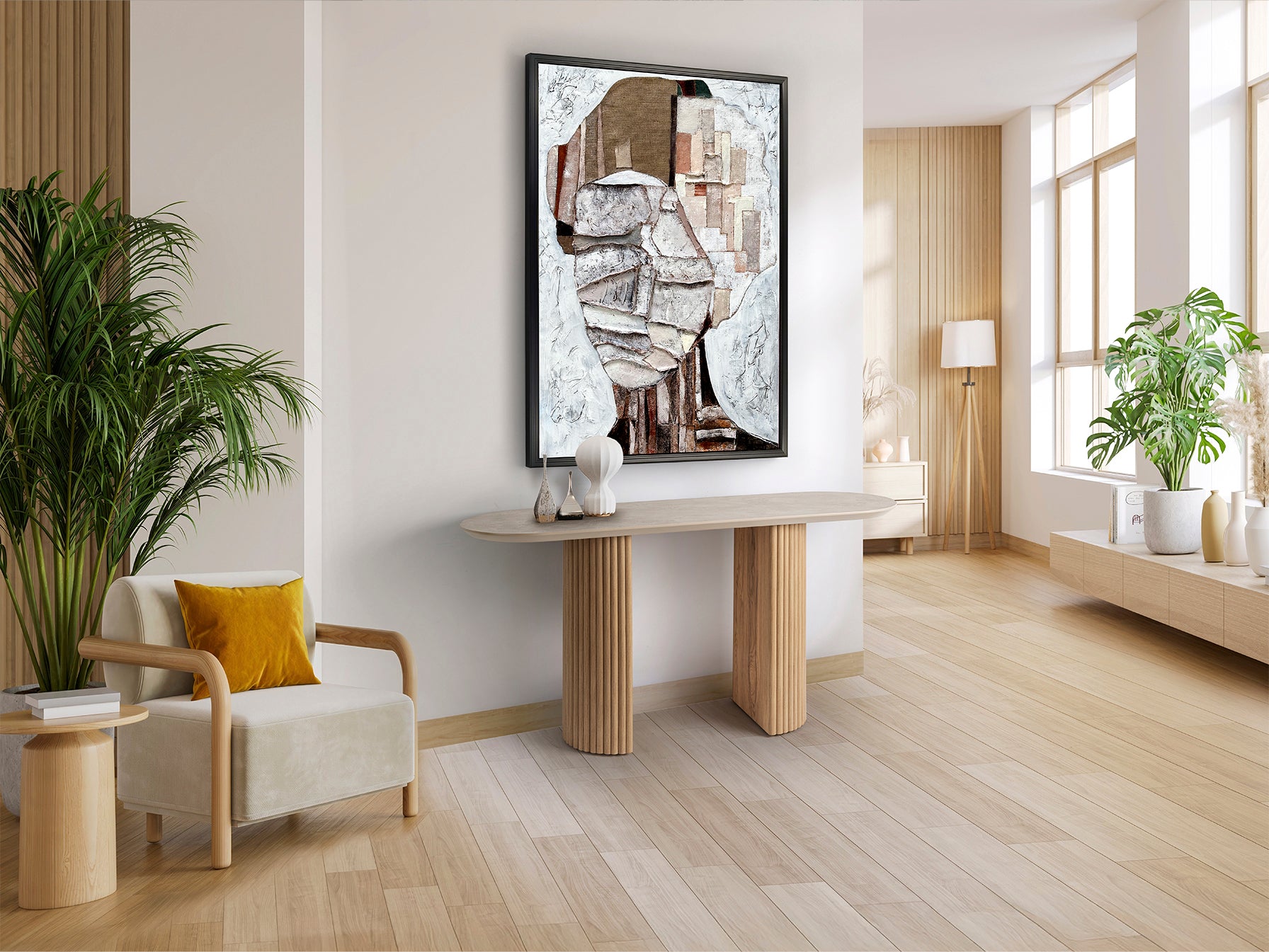 Consola IRATI de madera y piedra de Schuller: mueble auxiliar moderno y rústico para recibidor, con diseño en MDF, melamina y piedra, ideal para la colección Irati.