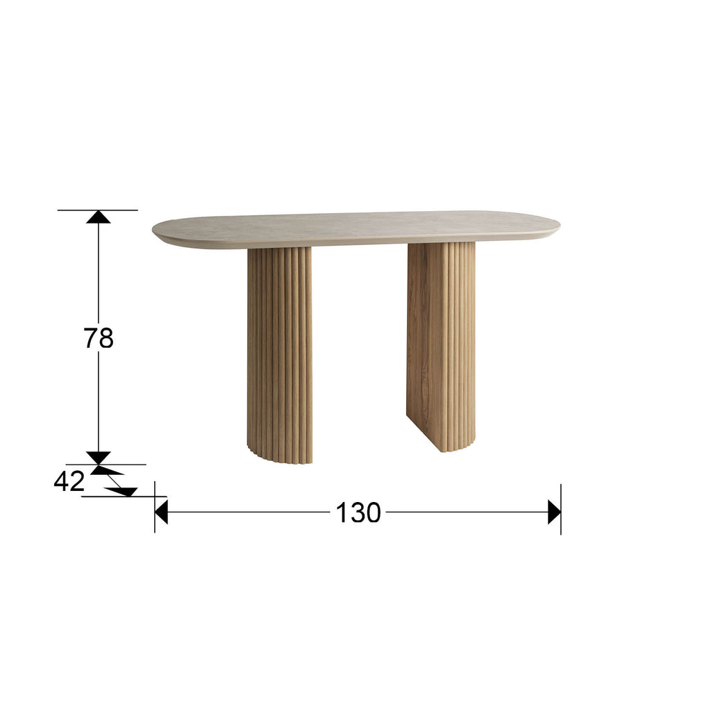 Medidas de Consola IRATI de madera y piedra de Schuller, ideal para recibidor. Diseño moderno y rústico con acabado en MDF y melamina.