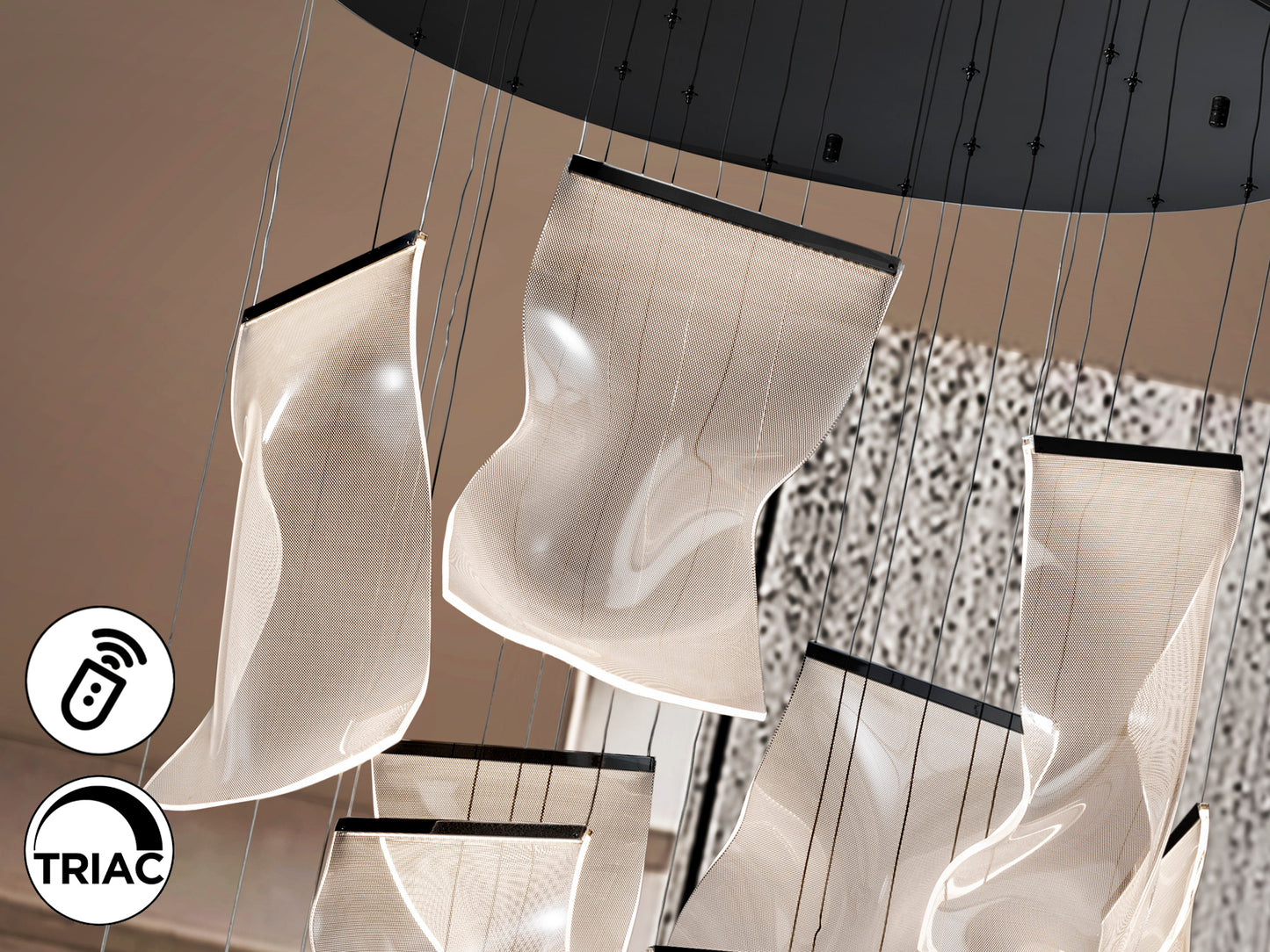 Lámpara de techo VELOS 13L negra de metal y metacrilato con LED dimable, ideal para salón moderno. Fabricada por Schuller.