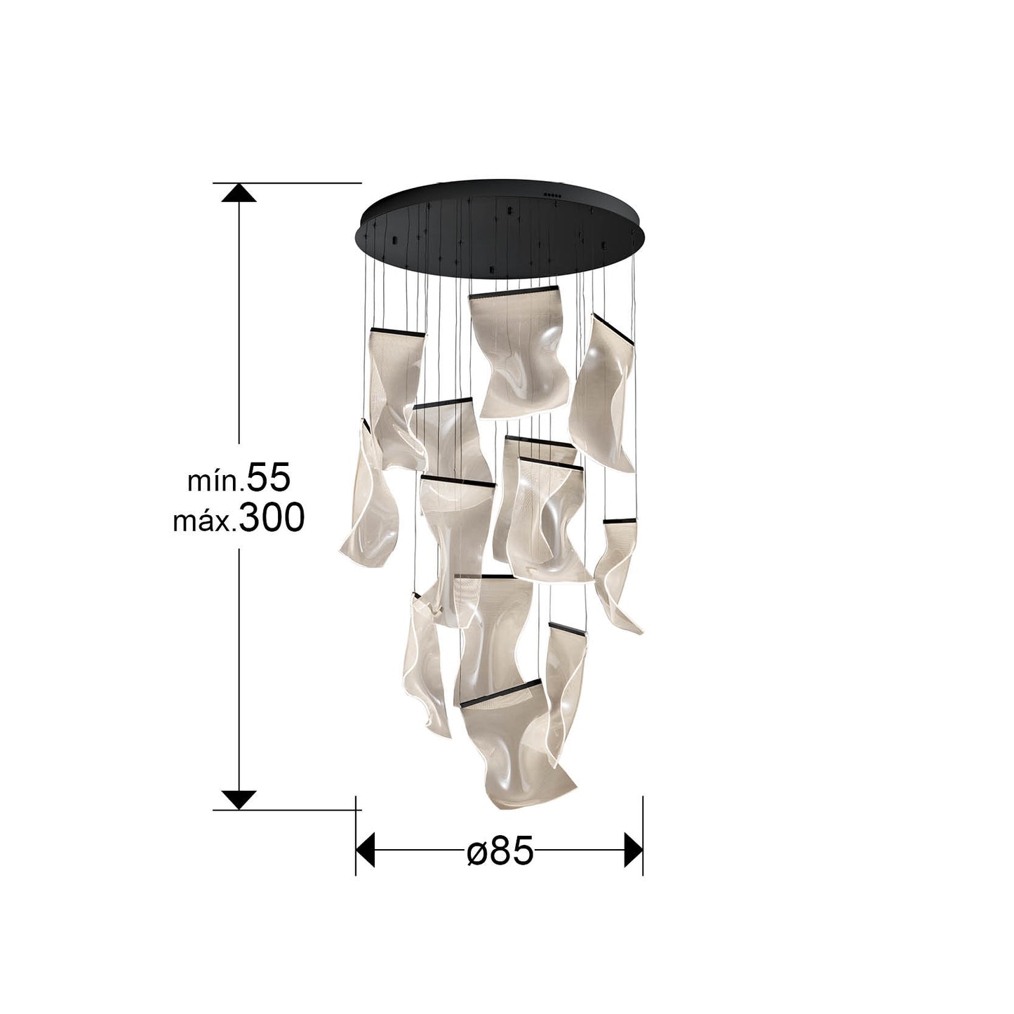 Medidas de Lámpara de techo VELOS 13L negra de Schuller para salón, moderna con LED dimable, fabricada en metal y metacrilato.