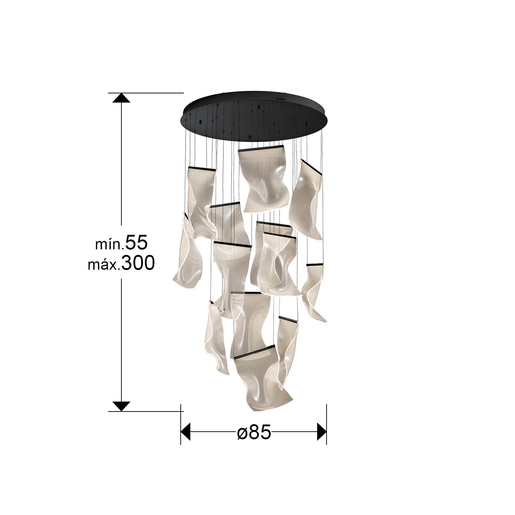 Medidas de Lámpara de techo VELOS 13L negra de Schuller para salón, moderna con LED dimable, fabricada en metal y metacrilato.