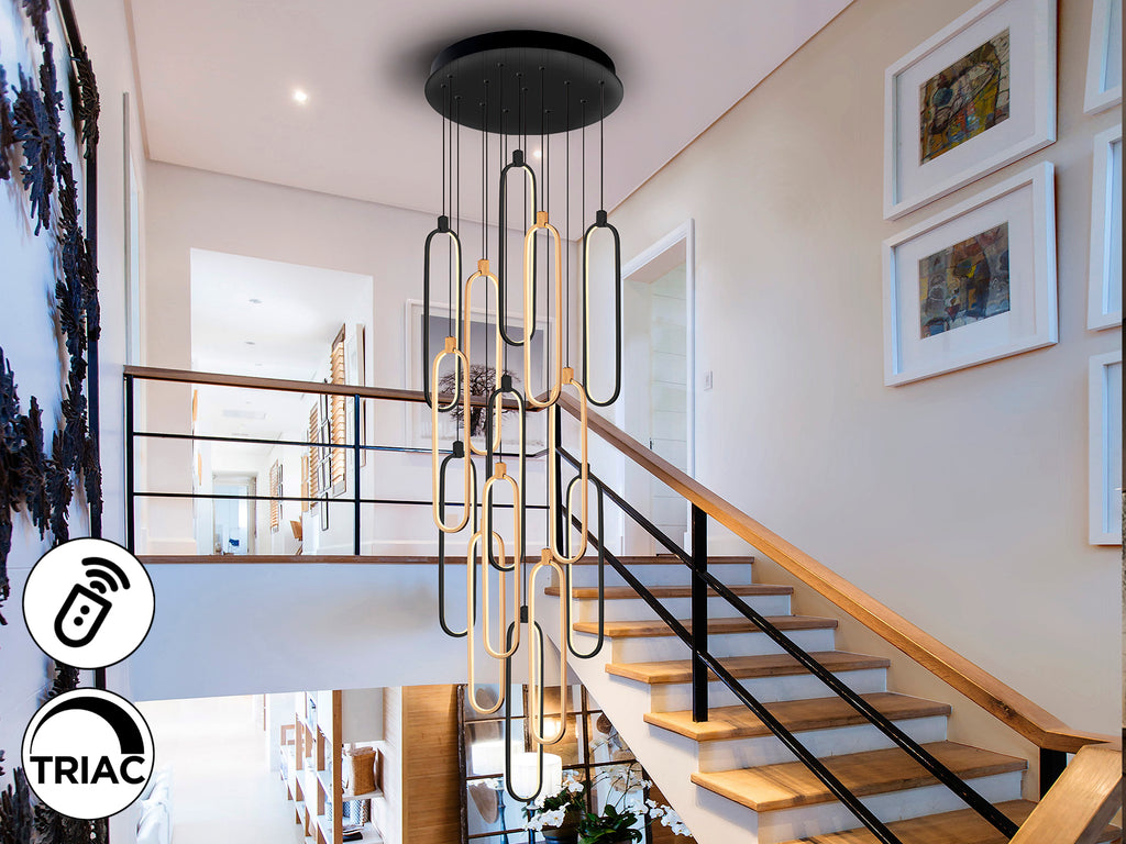 Lámpara de techo Colette 14L negro y oro rosa de Schuller, ideal para comedor y salón. Diseño moderno e industrial chic con LED, regulable en altura y dimmable. Fabricada en aluminio, silicona y opal.