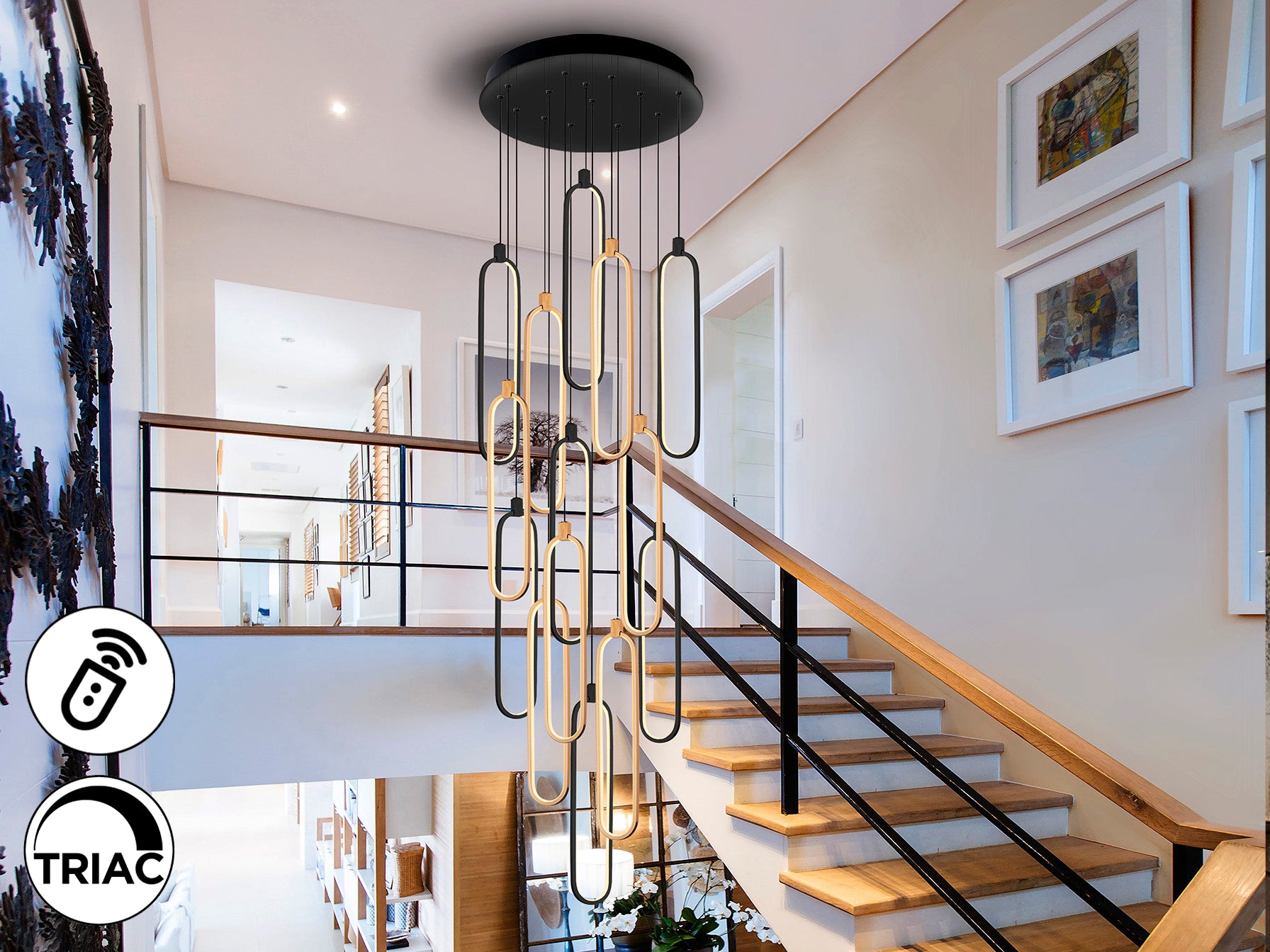 Lámpara de techo Colette 14L negro y oro rosa de Schuller, ideal para comedor y salón. Diseño moderno e industrial chic con LED, regulable en altura y dimmable. Fabricada en aluminio, silicona y opal.