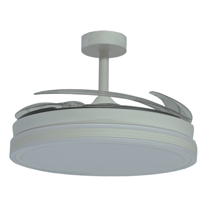 Detalles del Ventilador de Techo LED Belair Troya V1008 de Interlusa: 108cm, 6480lm, 72W, 4 Aspas Retráctiles, Blanco/Blanco, Motor DC silencioso, mando a distancia, Luz LED 3000/4000/6000K.  Luzgurú.
