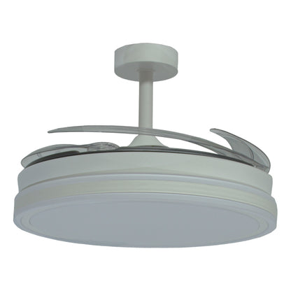 Detalles del Ventilador de Techo LED Belair Troya V1008 de Interlusa: 108cm, 6480lm, 72W, 4 Aspas Retráctiles, Blanco/Blanco, Motor DC silencioso, mando a distancia, Luz LED 3000/4000/6000K.  Luzgurú.
