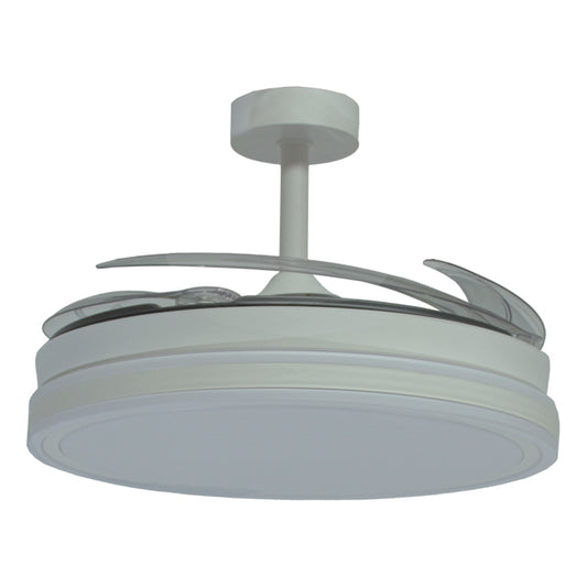 Detalles del Ventilador de Techo LED Belair Troya V1008 de Interlusa: 108cm, 6480lm, 72W, 4 Aspas Retráctiles, Blanco/Blanco, Motor DC silencioso, mando a distancia, Luz LED 3000/4000/6000K. Luzgurú.