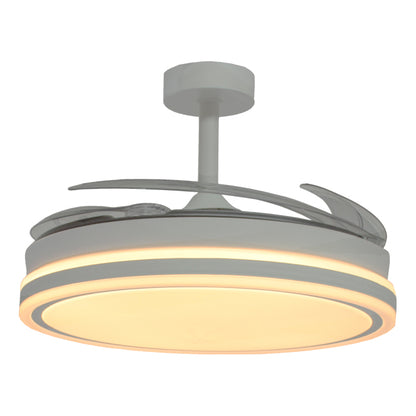 Detalles del Ventilador de Techo LED Belair Troya V1008 de Interlusa: 108cm, 6480lm, 72W, 4 Aspas Retráctiles, Blanco/Blanco, Motor DC Silencioso, Mando a Distancia, Luz Regulable 3000K/4000K/6000K. LuzGurú.
