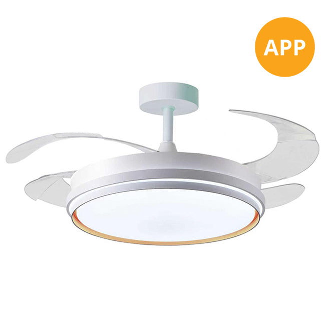 Ventilador DC KIOTO , 4 aspas retráctiles, 72W LED 3000|4000|6000K, Al.30/35xD.108/50cm - Oro | Interlusa · Ref. V1014 GL