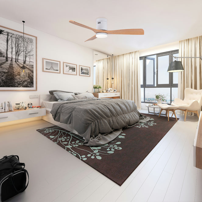 Detalles del Ventilador de Techo con Luz BELAIR Céfiro ON V1021 WH/WO de Interlusa.  Diseño elegante blanco/haya, 130cm de diámetro, 3 aspas, luz LED 40W (3000K/4000K/6500K), mando a distancia, temporizador y función brisa.  Luzgurú.
