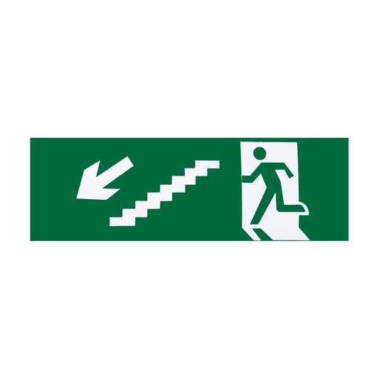Adhesivo Señalético Salida de Emergencia Escalera Izquierda 6,5x20 cm Verde Fabrilamp - vista principal | Fabrilamp / Abrila · Ref. A124SAL-ESC-IZ-BAJ