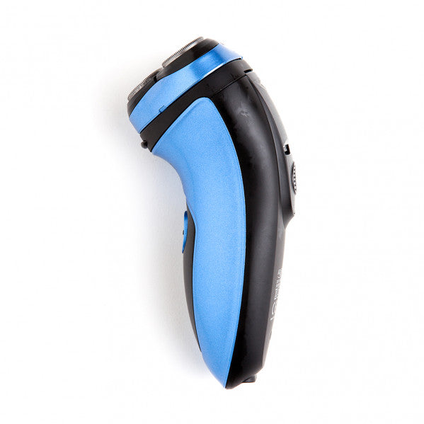 Detalles de la Afeitadora Eléctrica Inalámbrica Fabrilamp/Abrila P018AD2910 de LUZGURÚ: 3 cabezales móviles, 60 min de autonomía, 8h de carga, incluye bolsa de viaje y cepillo de limpieza. Afeitadora azul de acero inoxidable, policarbonato y metal.  Diseño ergonómico para un afeitado preciso y cómodo.
