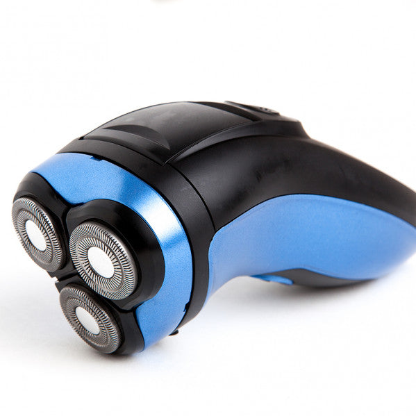 Detalles de la Afeitadora Eléctrica Inalámbrica Fabrilamp/Abrila P018AD2910: 3 cabezales móviles, 60 min de autonomía, 8h de carga, incluye bolsa de viaje y cepillo de limpieza. Afeitadora azul de acero inoxidable, perfecta para un afeitado preciso y cómodo.  Compra en LUZGURÚ.
