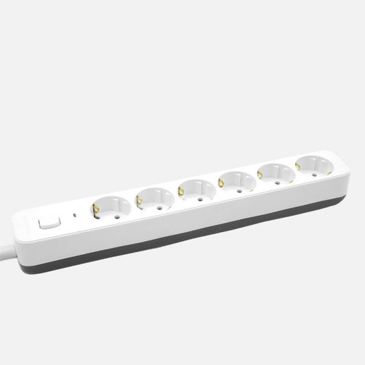 Alargadera Dalton 3m 6 Enchufes con Interruptor Blanco/Gris Fabrilamp instalada en ambiente decorativo de salón o dormitorio | Fabrilamp / Abrila