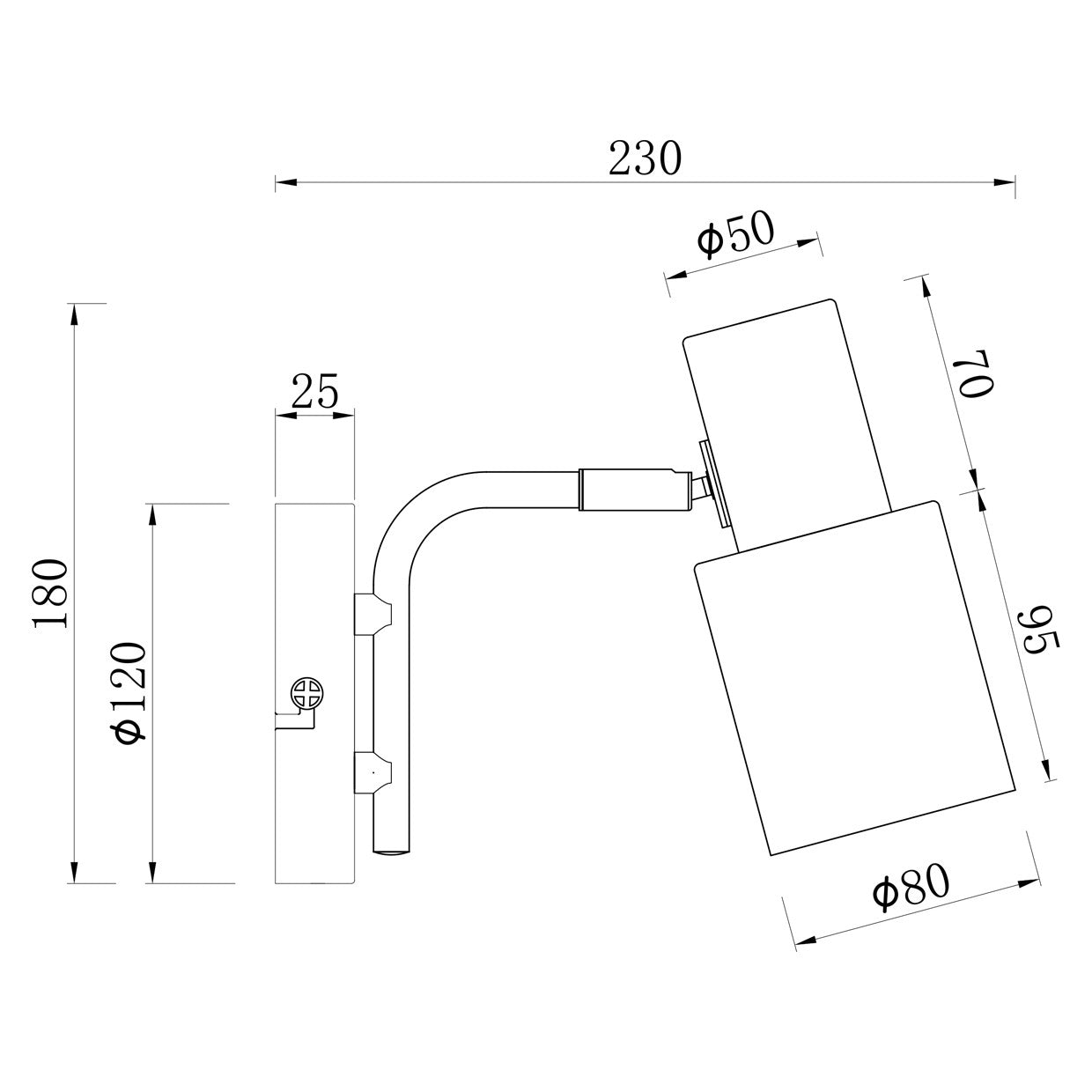 Aplique de pared Maena AJP/Alemar (Ref. 11110): medidas detalladas.  Diseño elegante negro-latón para iluminación funcional y rápida instalación.  Compra en luzguru.com
