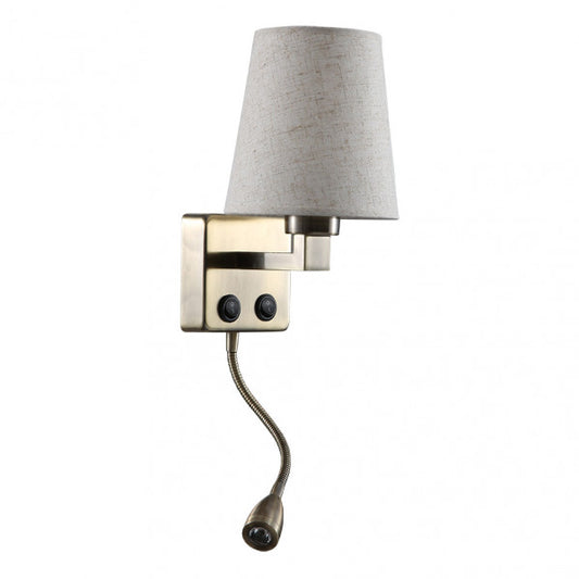 Aplique Paulo Cuero Beige con pantalla textil y brazo lector LED orientable.