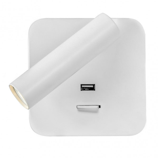 Aplique Giotto cuadrado blanco con puerto USB, detalle del foco orientable