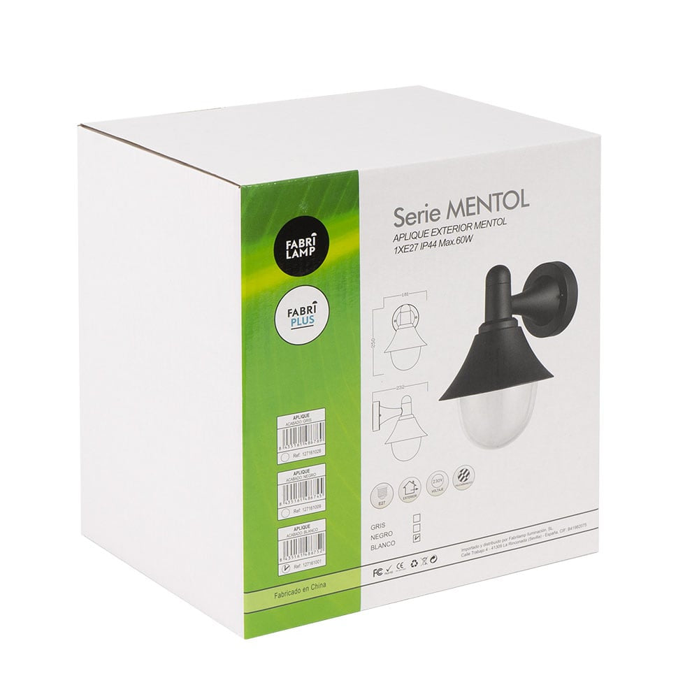 Aplique Mentol fabricado en policarbonato color negro, ideal para iluminación exterior