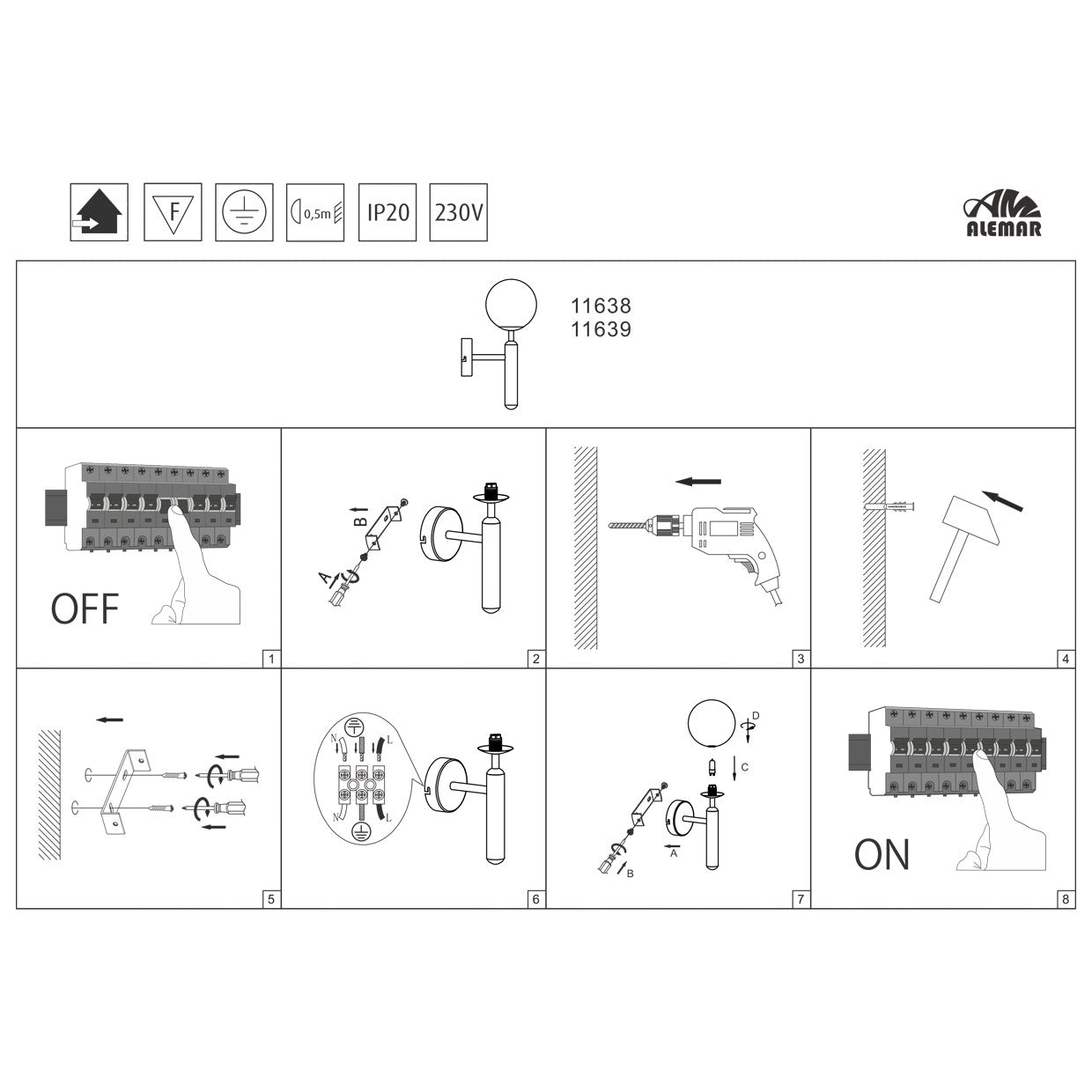 Medidas Aplique Ficus Latón AJP/Alemar Ref. 11639 - luzguru.com
