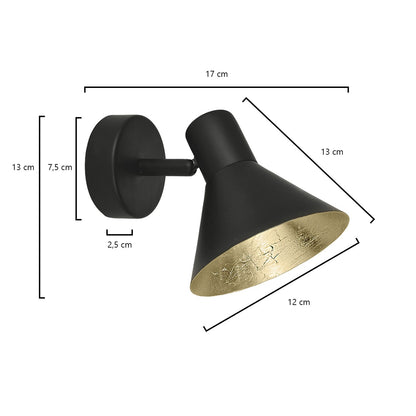 Aplique Kobi Negro Mate-Oro AJP/Alemar (Ref. 10433): Dimensiones detalladas. Iluminación elegante para tu hogar.  Compra en luzguru.com

